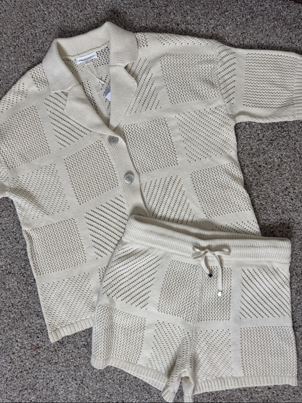 Adyson Parker Cream Open-Knit Button Down Shirt & Short Set